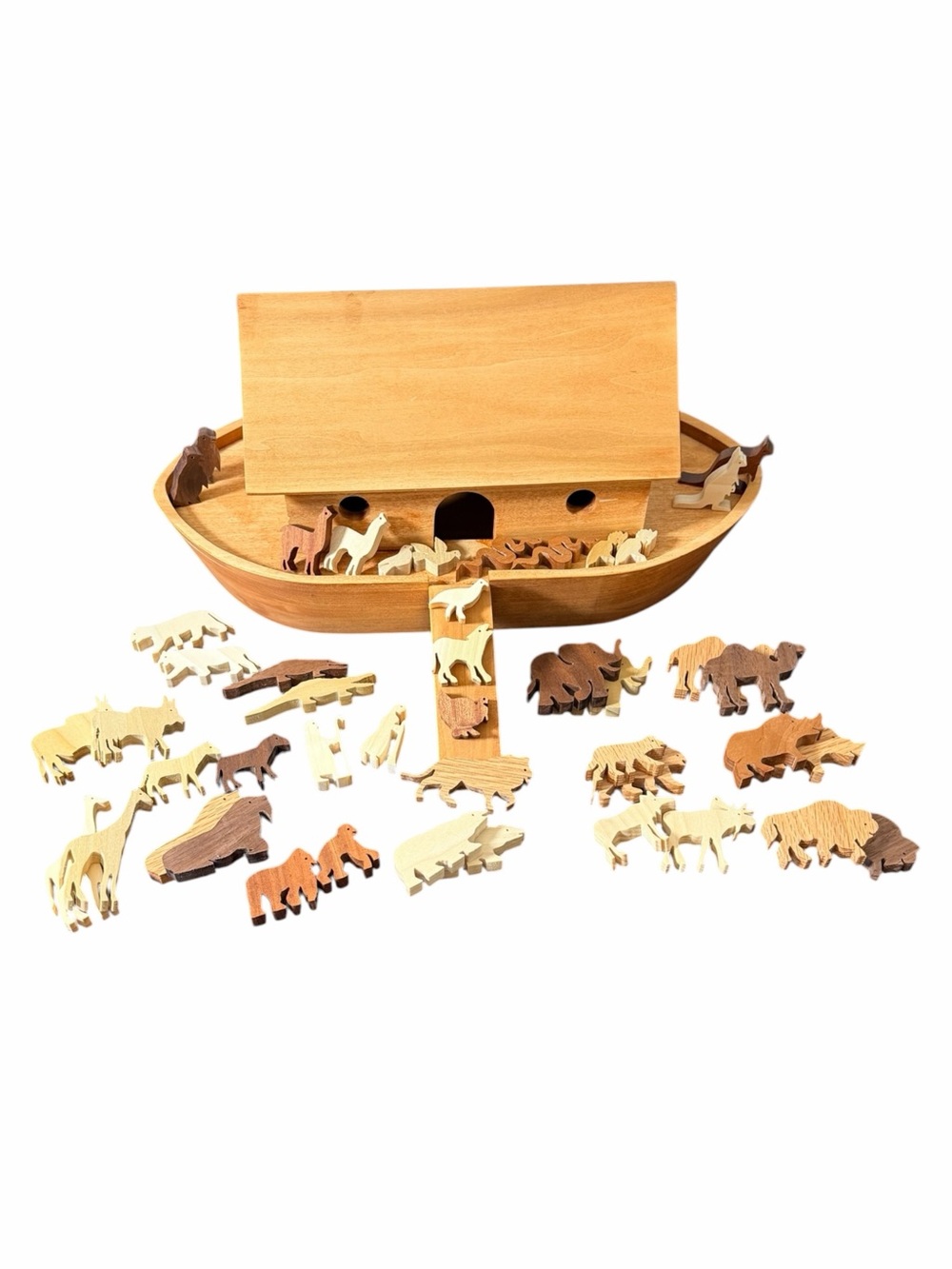Artisan Wooden Noah’s Ark & Matching Animal Figurines – Display / Collectible